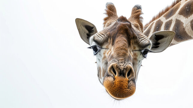 Giraffe with long head look upside down on white Giraffe face head hanging upside down Generative Ai