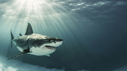 Great white shark and sun rays, snow and ice. Generative Ai
