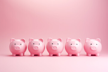 Group of Five Pink Piggybank on Pink Background. Saving Money Concept, Copy Space.