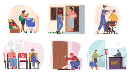 Fototapeta premium Vector Set of People Characters Don Protective Masks, Covering Their Noses And Mouths, A Common Sight In Public Spaces