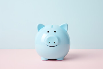 Happy Smiling Blue Piggy Bank on Pink/Blue Background