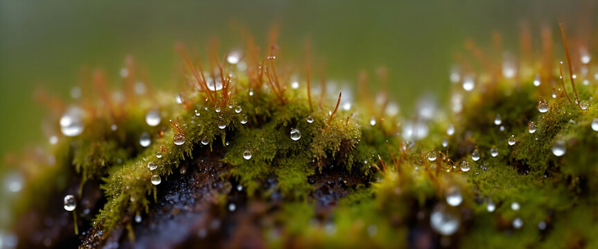 Film grain effect, Close-up of sphagnum moss with dew drops, green wide-format background, shallow depth of field
