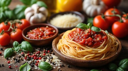 Food background. Italian food background with pasta, ravioli, tomatoes, olives and basil