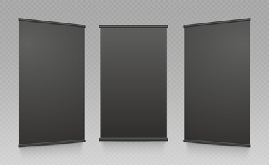 Black advertisement banner. Vertical billboard or presentation mockup in different position. Here can be your advertising. Vector illustration