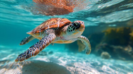 Sea turtle swims under water on the background of coral reefs - obrazy, fototapety, plakaty