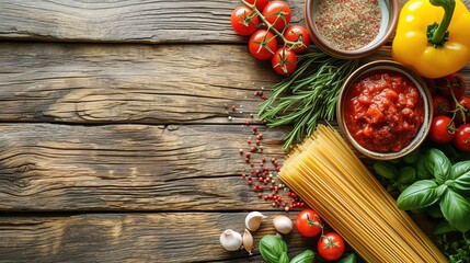 Food background. Italian food background with pasta, ravioli, tomatoes, olives and basil - obrazy, fototapety, plakaty