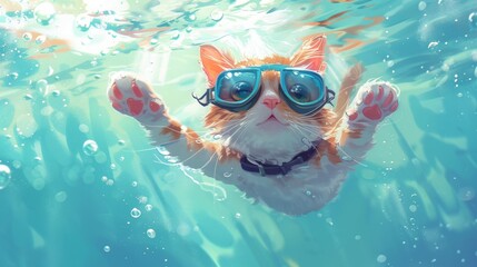cartoon of a cat wearing swimming googles, swimming under water  
