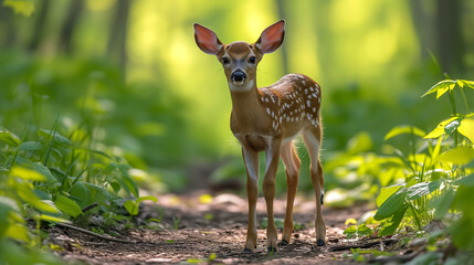 White Tailed deer fawn standing on a trail in middle of forest - obrazy, fototapety, plakaty