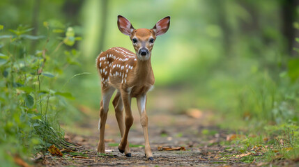 Naklejka na ściany i meble White Tailed deer fawn standing on a trail in middle of forest