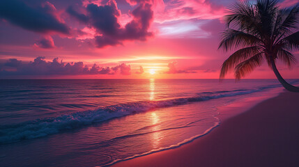 Fototapeta na wymiar Beautiful sunset tropical beach with palm tree and pink sky for travel and vacation in holiday relax time