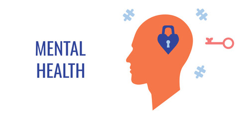 Mental health concept. Human head with keyhole, key and puzzles. Vector illustration.