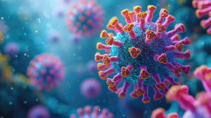 Fototapeta na wymiar Collage of flu COVID-19 virus cells in blood under the microscope.