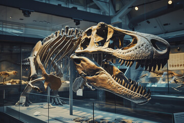 Exhibition of archaeological excavations of a dinosaur skeleton in a dark hall. Backdrop with selective focus