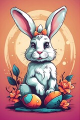 easter bunny with easter eggs retro illustration