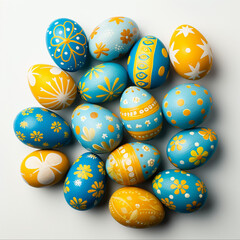 Fototapeta na wymiar Happy Easter! Banner with blue and yellow easter eggs in a basket. Banner, instagram post or greeting card.