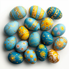 Obraz premium Happy Easter! Banner with blue and yellow easter eggs in a basket. Banner, instagram post or greeting card.