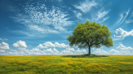 Fototapeta na wymiar single big oak tree in field with perfect treetop