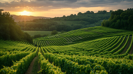 Spectacular wide angle view of Italian vineyards across the rolling hills at sunset