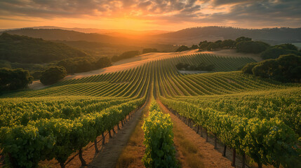 Spectacular wide angle view of Italian vineyards across the rolling hills at sunset - obrazy, fototapety, plakaty