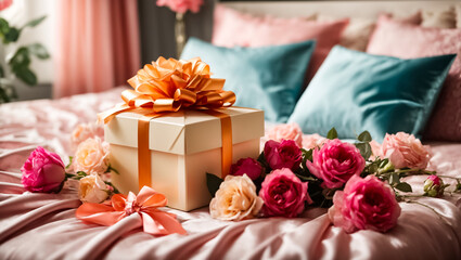 Beautiful gift box, flowers in the bedroom
