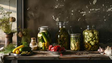 still life with fermented and pickled vegetables
