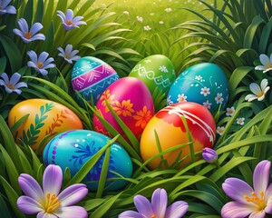 Vibrant Easter eggs painted with intricate patterns nestled among lush green grass and colorful spring flowers