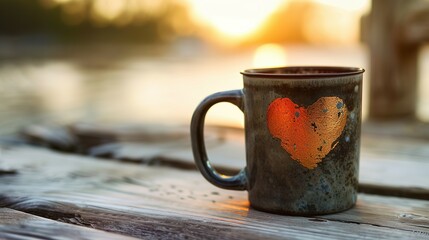 A coffee mug with a heart on it - obrazy, fototapety, plakaty
