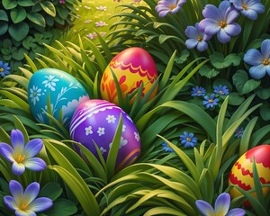Vibrant Easter eggs painted with intricate patterns nestled among lush green grass and colorful spring flowers