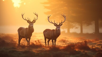 Fototapeta premium Deer in nature, Morning Sun background.