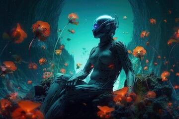 Human Figure in Futuristic Nature-Inspired Environment, Technology and Nature Interaction Concept