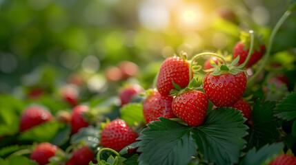 Fresh tasty ripe red strawberries growing on strawberry farm