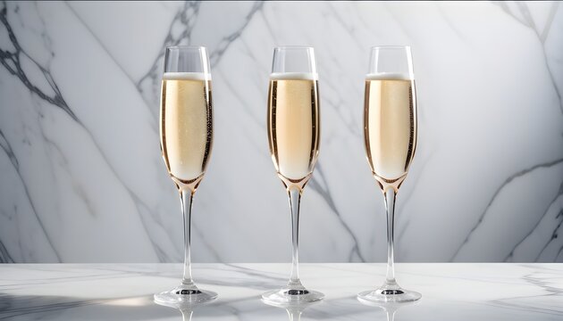 The champagne glasses on a marble background with soft lighting.
