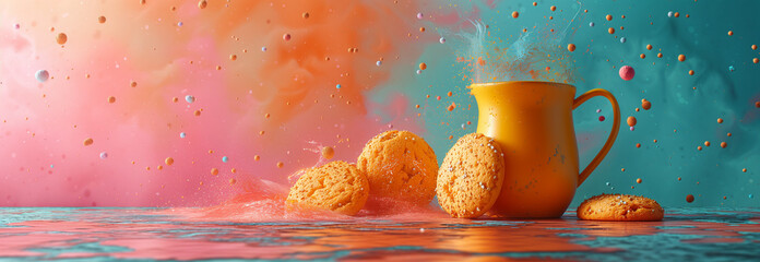 Tea cookies exploding from the teacup - obrazy, fototapety, plakaty