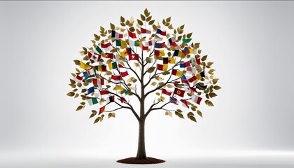 A symbolic tree with leaves made of flags, celebrating worldwide peace