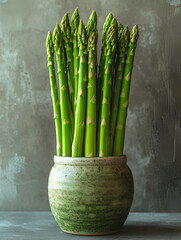 Green Asparagus Bunch in Rustic Pot on Textured Surface, Natural Light, Farm to Table
