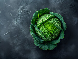 Fototapeta premium Savoy Cabbage on Dark Slate Background, Fresh Leafy Green Vegetable, Top View