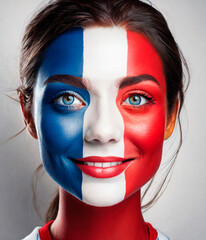 Woman face painted with France flag