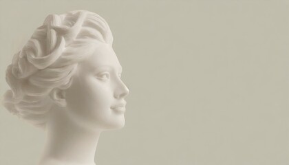 Plaster sculpture of a woman's head isolated on plain neutral colored background with large copy...