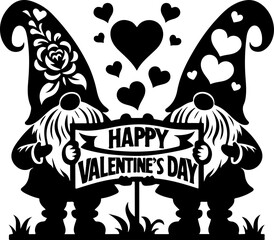 Happy Valentine's Day Gnome Pair with Hearts Vector, Vector illustration of a gnome couple with oversized hats and hearts, holding a sign that reads 'Happy Valentine's Day,' designed for laser cutting