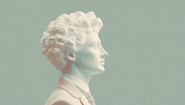 Stone sculpture of a man's head dressed in jacket and tie, isolated on neutral toned background with copy space