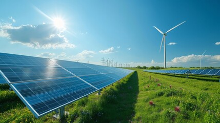 Solar panels and wind turbines generating renewable energy for green and sustainable future. banner, copy space,  