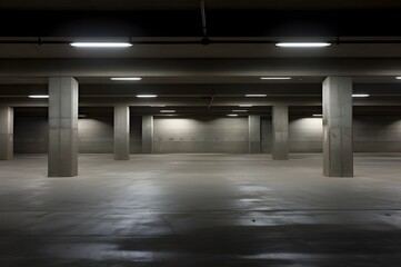 Indoor empty parking garage. Empty underground parking garage. Generative AI.