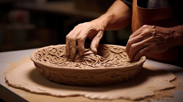 Ceramicist's hands molding clay into a unique vessel, capturing the tactile nature of pottery