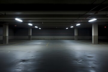 Indoor empty parking garage. Empty underground parking garage. Generative AI.