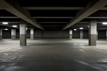 Indoor empty parking garage. Empty underground parking garage. Generative AI.