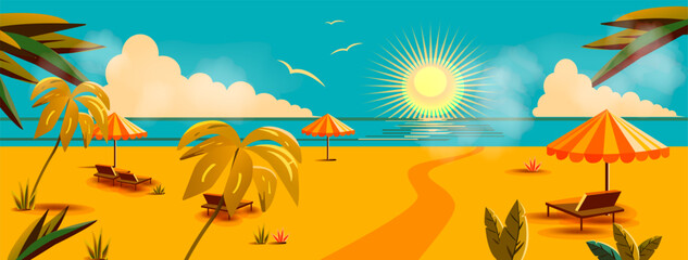 Fototapeta na wymiar Vintage minimalist landscape with palm trees , sea and sun . Flat vector illustration