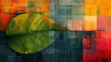 Green Leaf with Vibrant Color Blocks Collage

