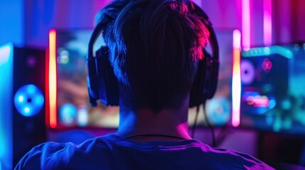 Obraz premium pro gamer man in headphones live streaming while playing online computer game, neon lights, esports, gaming, monitor, play, young, player, internet, enjoyment, cyber,