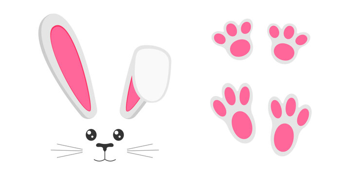 Cute bunny muzzle with ears, eyes, nose, mouth, whisker and rabbit paws. Decoration elements for Easter party, photo shoot, greeting or invitation card, celebration banner. Vector flat illustration