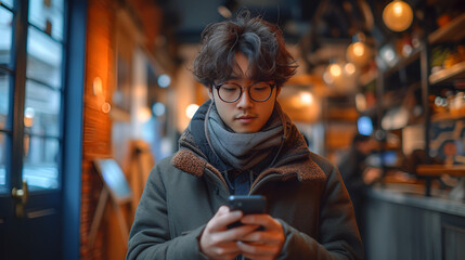 Young man in glasses looking at her phone - stylish fashion - close-up low angle shot - obrazy, fototapety, plakaty